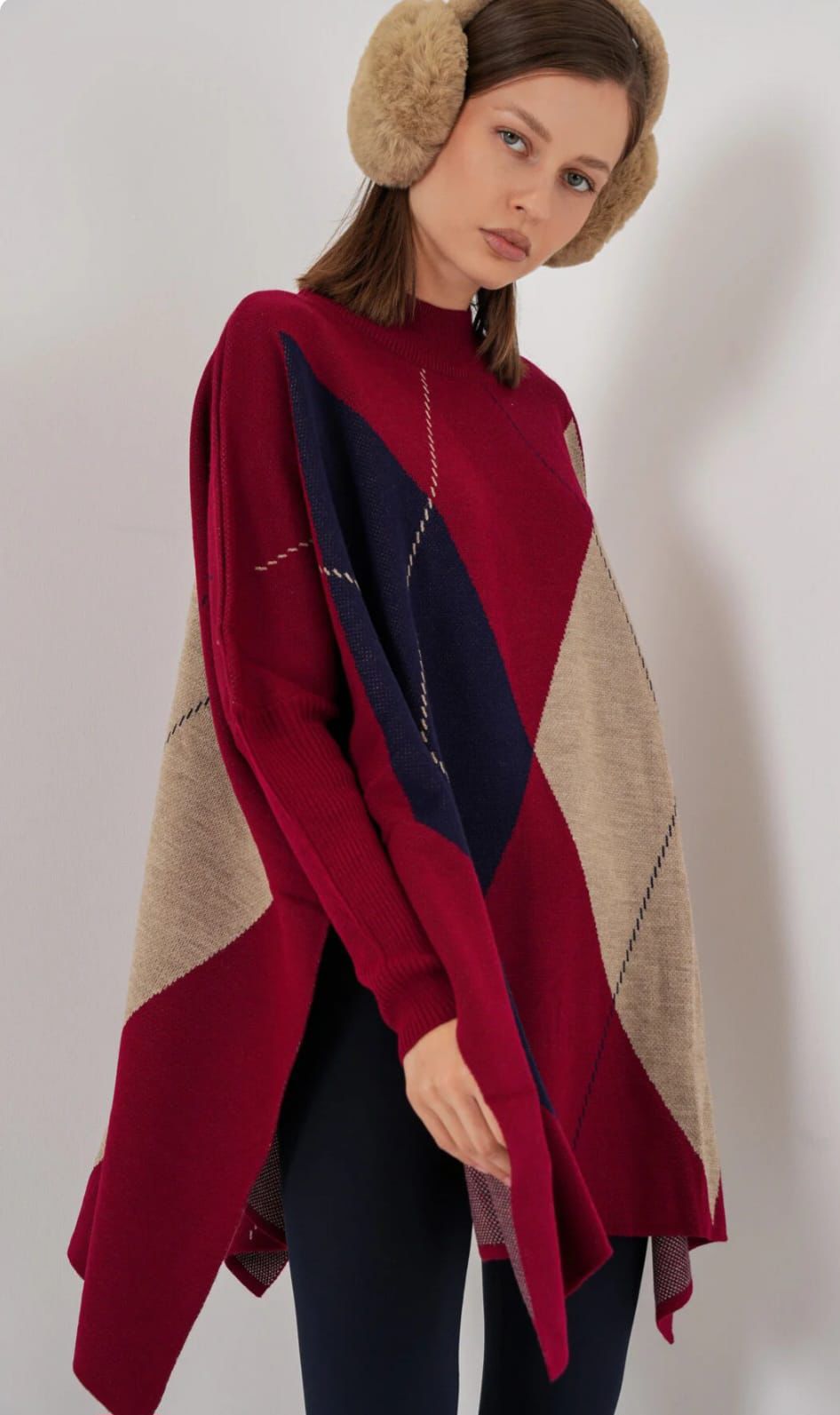 Oversize,Baklava Desen,Standart Beden Panço Kazak Bordo